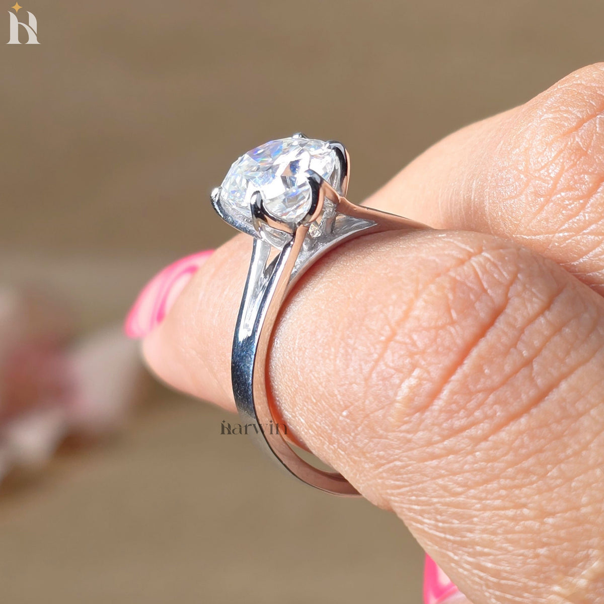 3CT Oval Cut Moissanite Tulip Setting Engagement Ring, Solid Silver Floral Ring