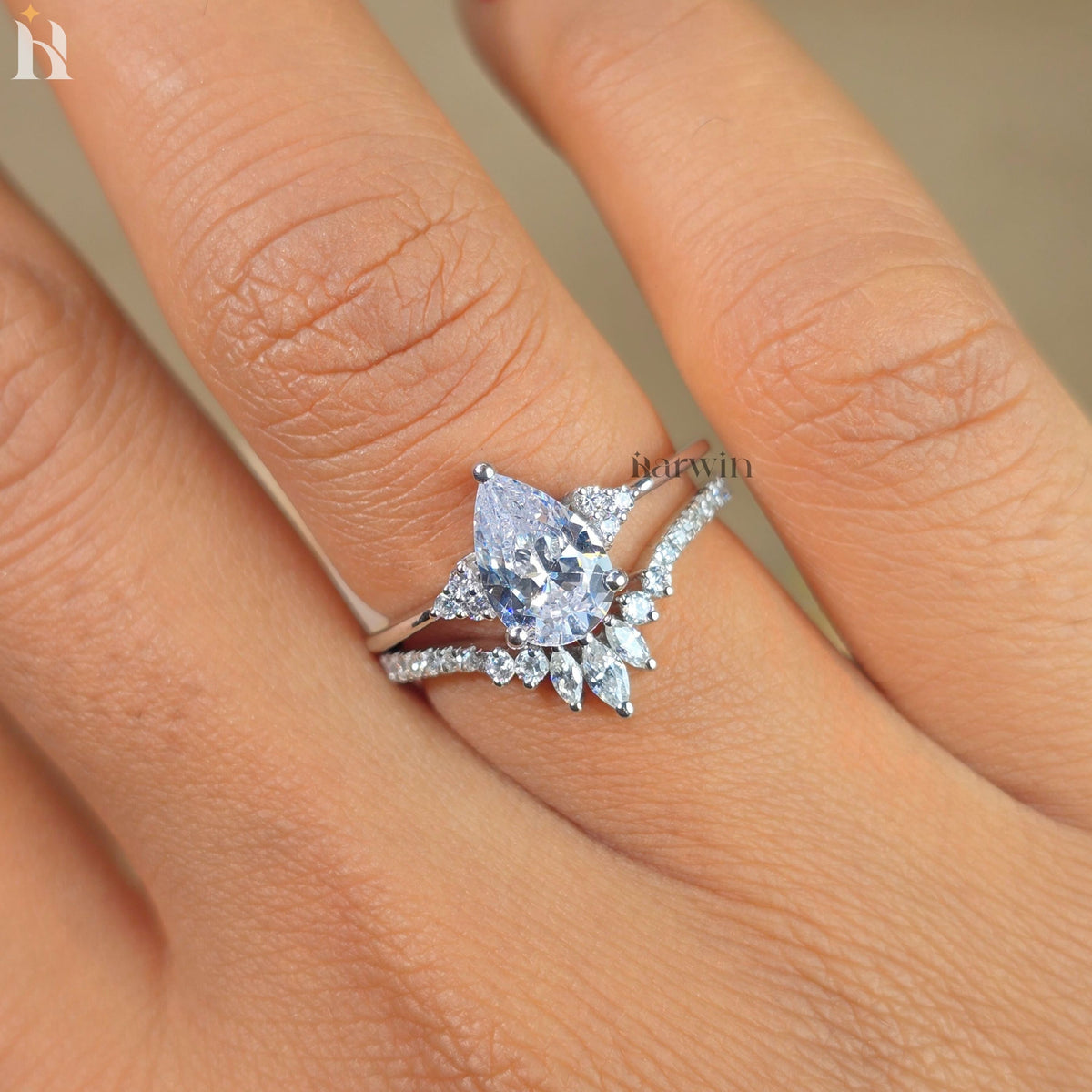 1.50CT Pear Shaped Moissanite Bridal Set, White Gold Cluster Unique Marquise Moissanite Chevron Band