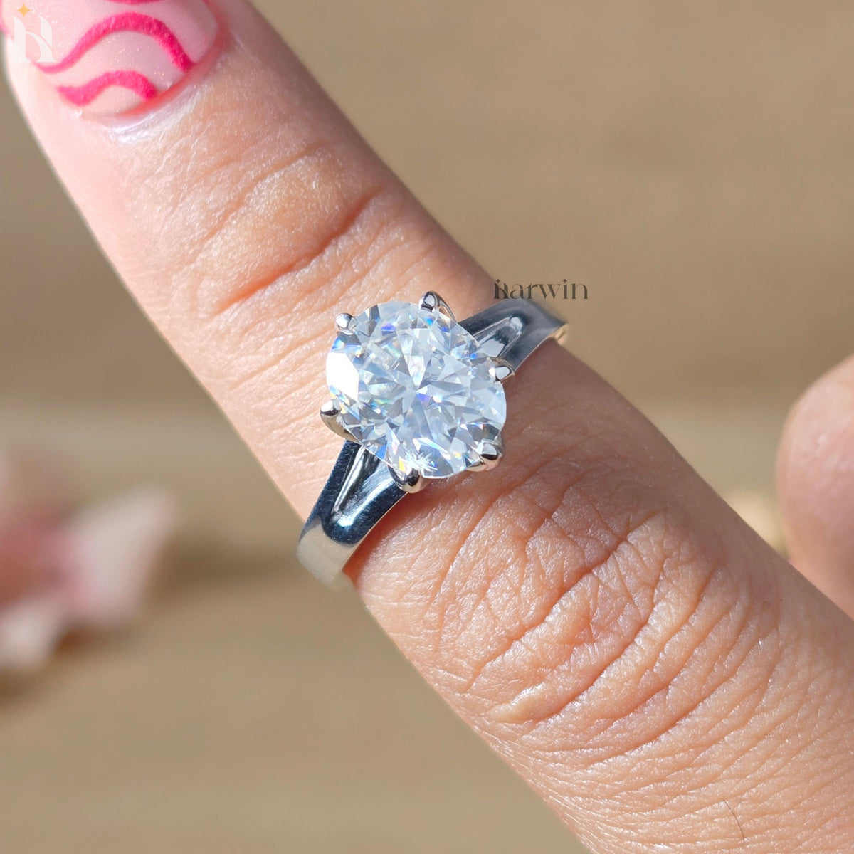 3CT Oval Cut Moissanite Tulip Setting Engagement Ring, Solid Silver Floral Ring