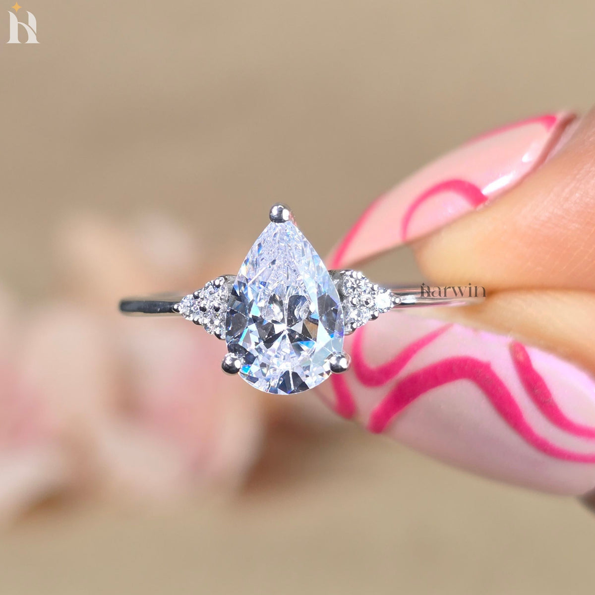 Pear Cut Moissanite Anniversary Ring, Round Side Diamonds, Seven Stone White Gold Ring