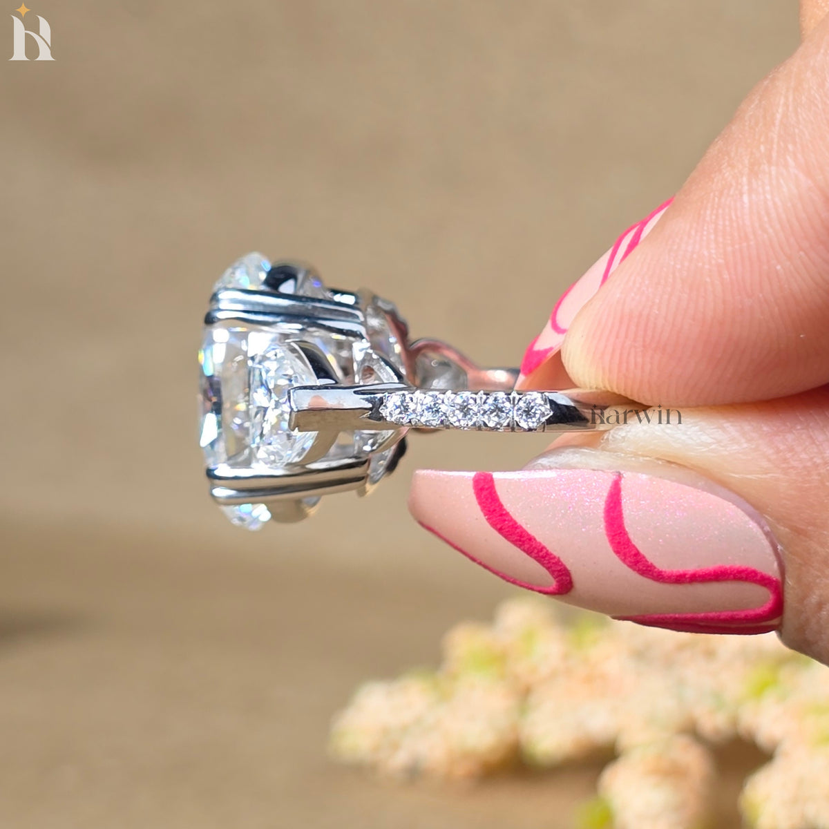 10CT Oval Cut Moissanite Engagement Ring with Heart Side Stones