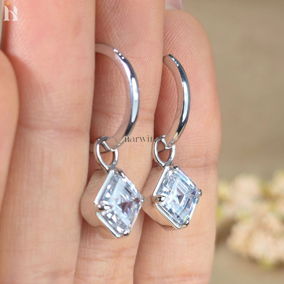 Asscher Cut Moissanite Diamond Earrings, Lever Back Hoop Dangle Drop Solitaire Earrings