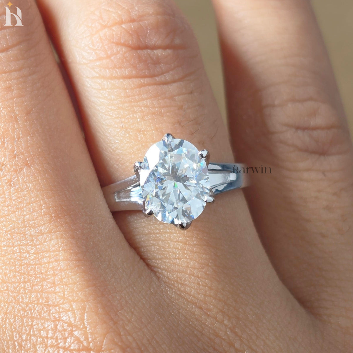 3CT Oval Cut Moissanite Tulip Setting Engagement Ring, Solid Silver Floral Ring