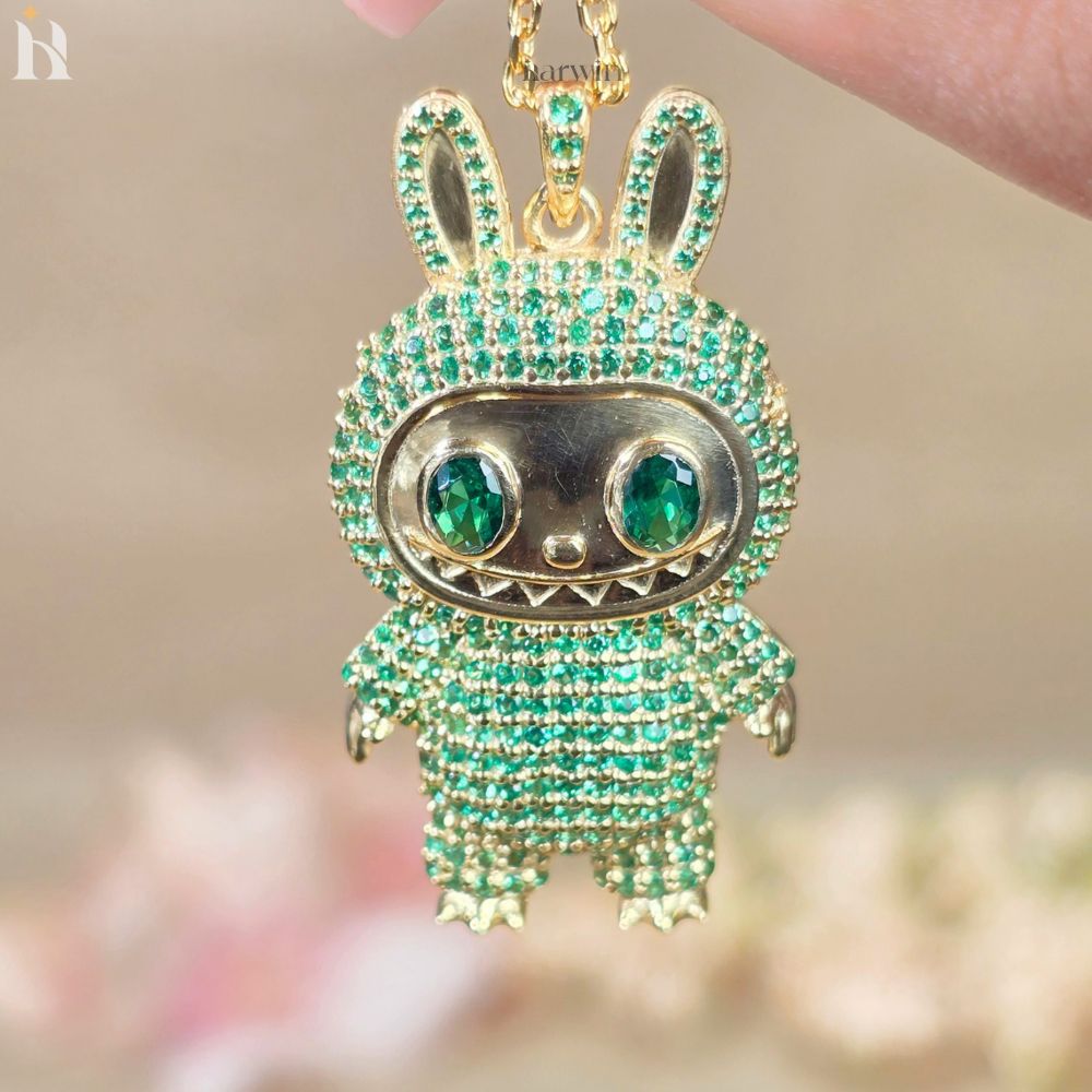 Green CZ Diamond Teddy Bear Pendant | Sterling Silver Hip Hop Necklace