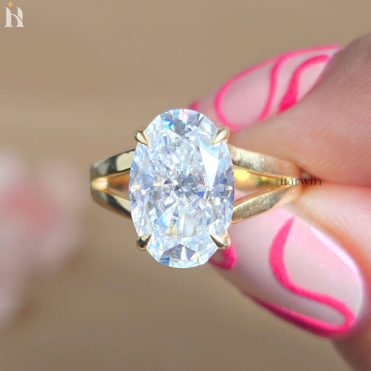 3.50 Oval Cut Moissanite Ring, Hidden Halo And Split Shank 14k Solid Gold Ring