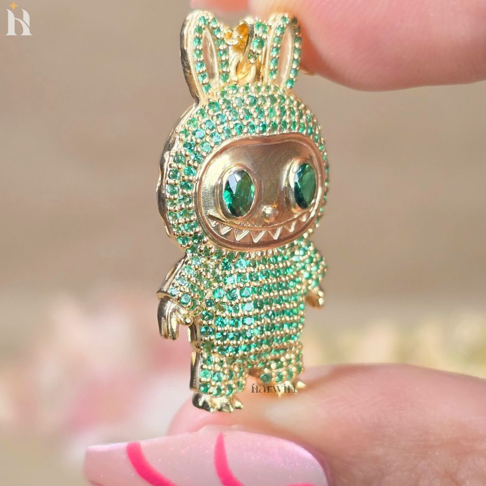 Green CZ Diamond Teddy Bear Pendant | Sterling Silver Hip Hop Necklace