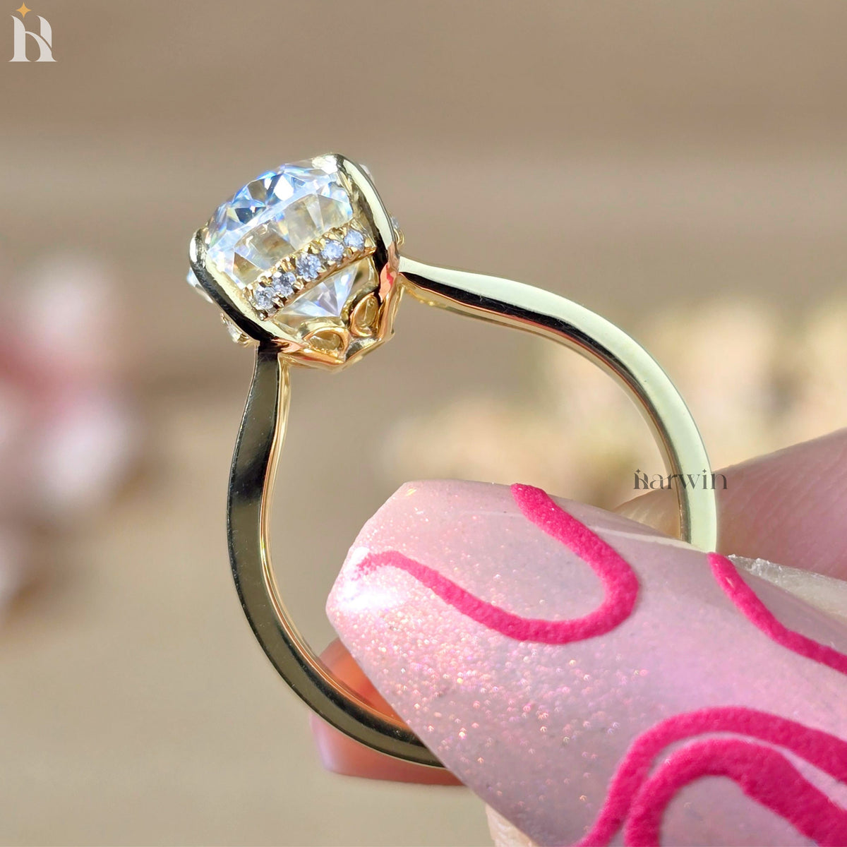 3.50 Oval Cut Moissanite Ring, Hidden Halo And Split Shank 14k Solid Gold Ring