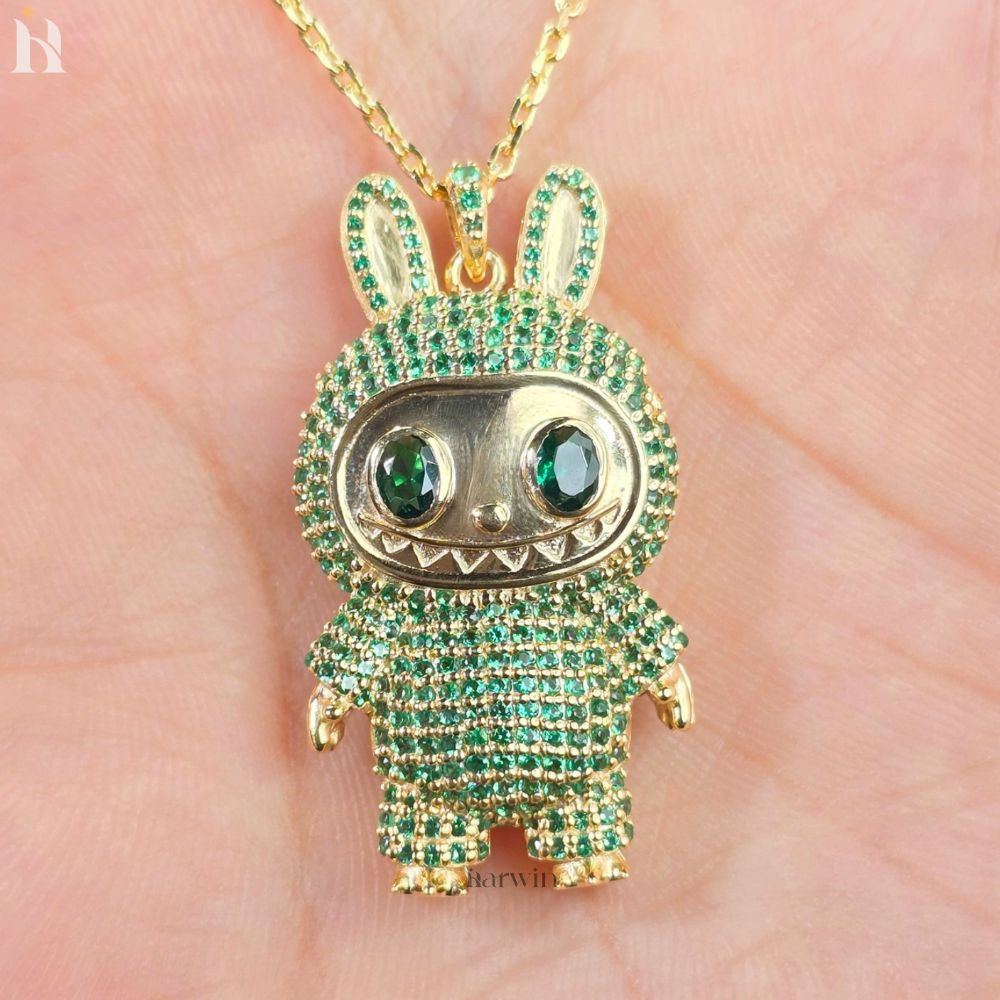 Green CZ Diamond Teddy Bear Pendant | Sterling Silver Hip Hop Necklace
