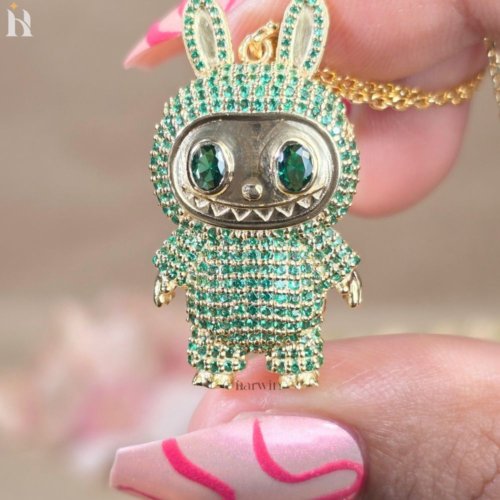 Green CZ Diamond Teddy Bear Pendant | Sterling Silver Hip Hop Necklace