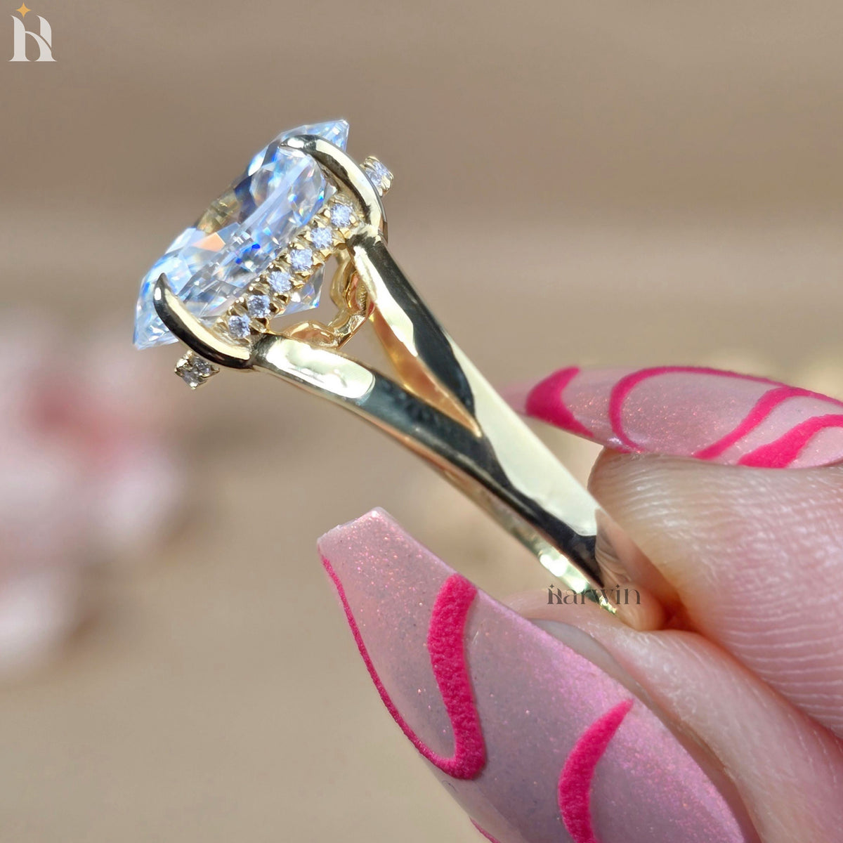 3.50 Oval Cut Moissanite Ring, Hidden Halo And Split Shank 14k Solid Gold Ring