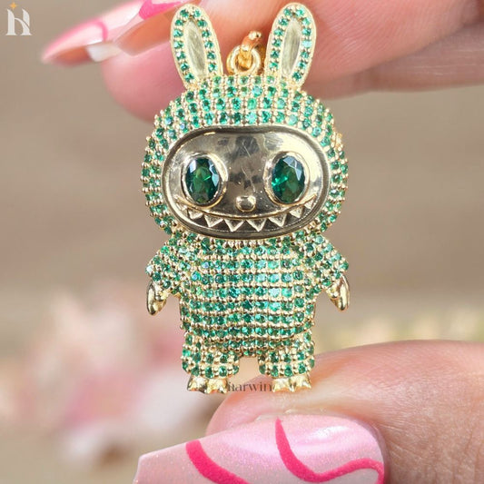 Green CZ Diamond Teddy Bear Pendant | Sterling Silver Hip Hop Necklace