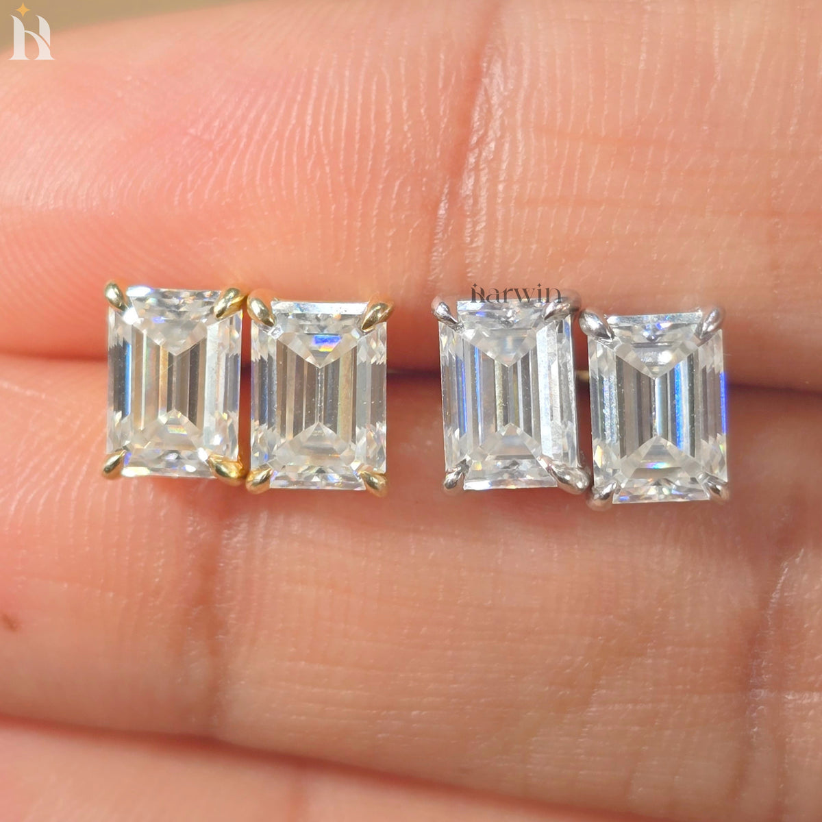 Emerald Cut Moissanite Diamond Prong Setting Stud Earrings, Push Back Solitaire Earrings
