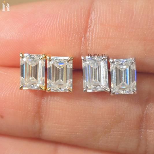 Emerald Cut Moissanite Diamond Prong Setting Stud Earrings, Push Back Solitaire Earrings