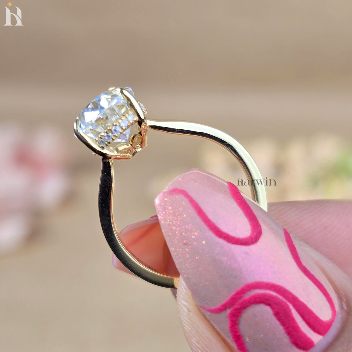 3.50 Oval Cut Moissanite Ring, Hidden Halo And Split Shank 14k Solid Gold Ring