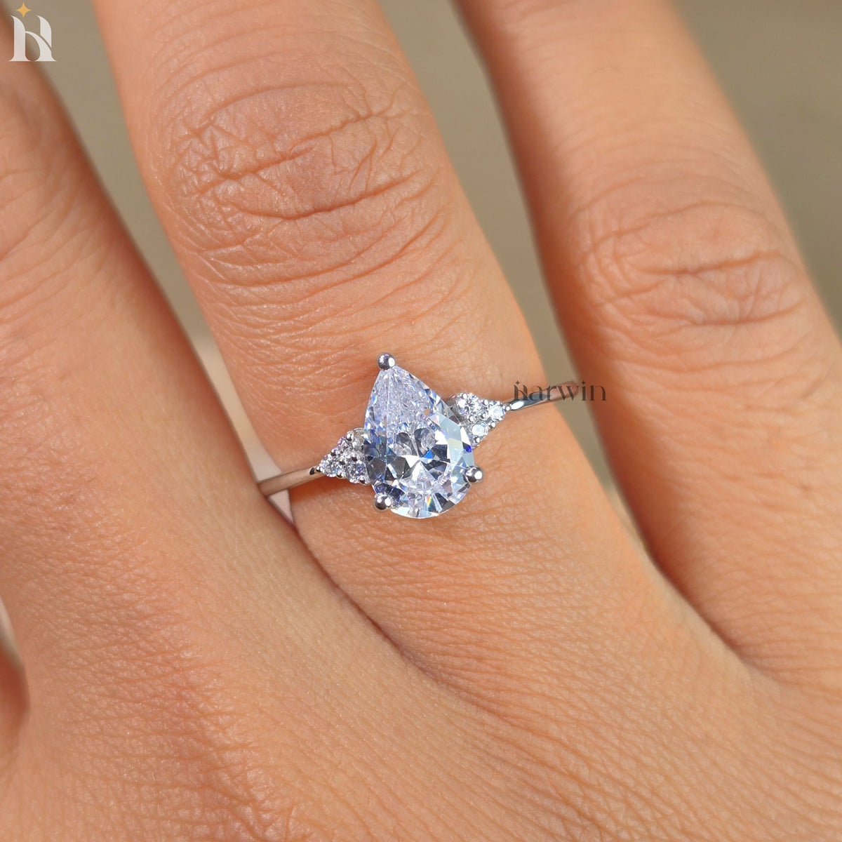 Pear Cut Moissanite Anniversary Ring, Round Side Diamonds, Seven Stone White Gold Ring