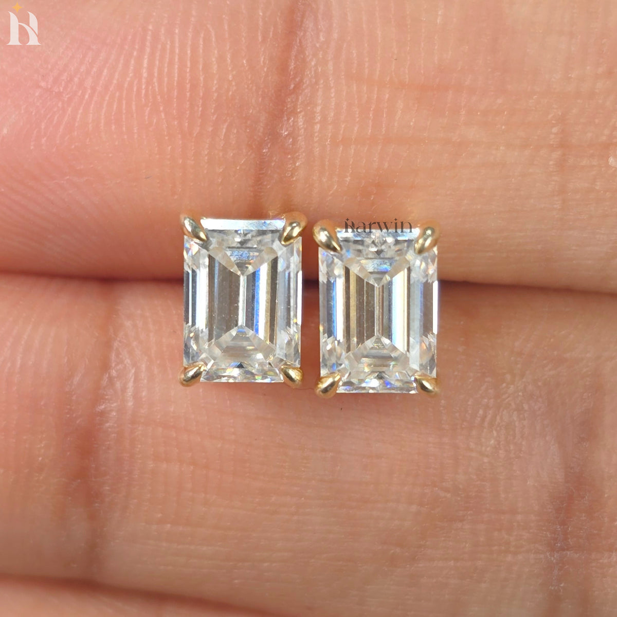 Emerald Cut Moissanite Diamond Prong Setting Stud Earrings, Push Back Solitaire Earrings
