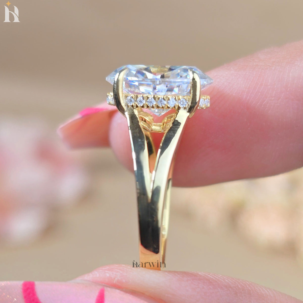 3.50 Oval Cut Moissanite Ring, Hidden Halo And Split Shank 14k Solid Gold Ring