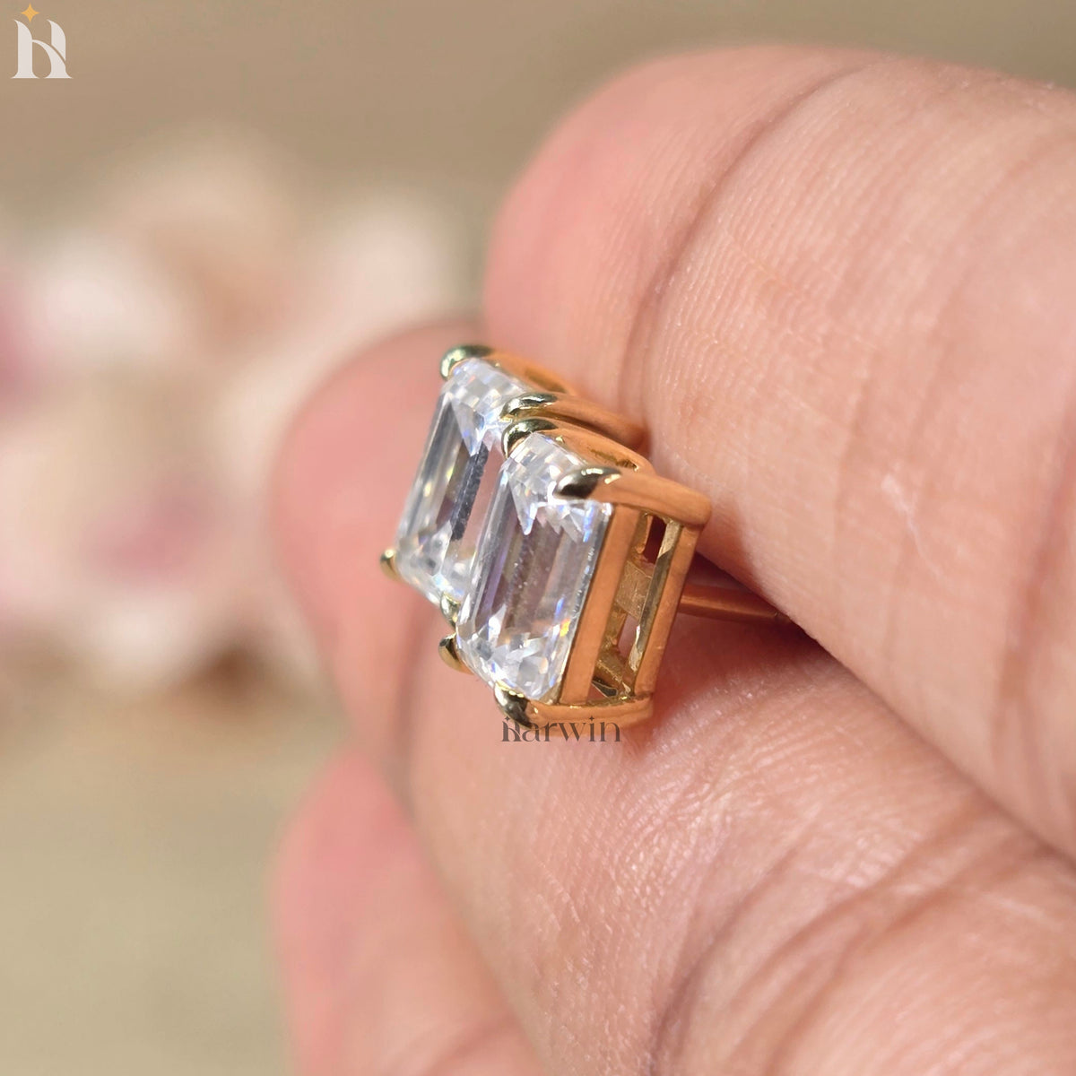 Emerald Cut Moissanite Diamond Prong Setting Stud Earrings, Push Back Solitaire Earrings