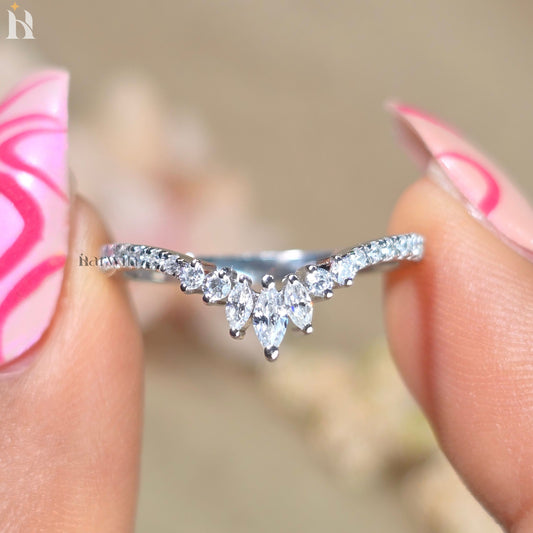 Marquise & Round Unique Moissanite Diamond Curved Wedding Band, White Gold Chevron Stackable Promise Ring