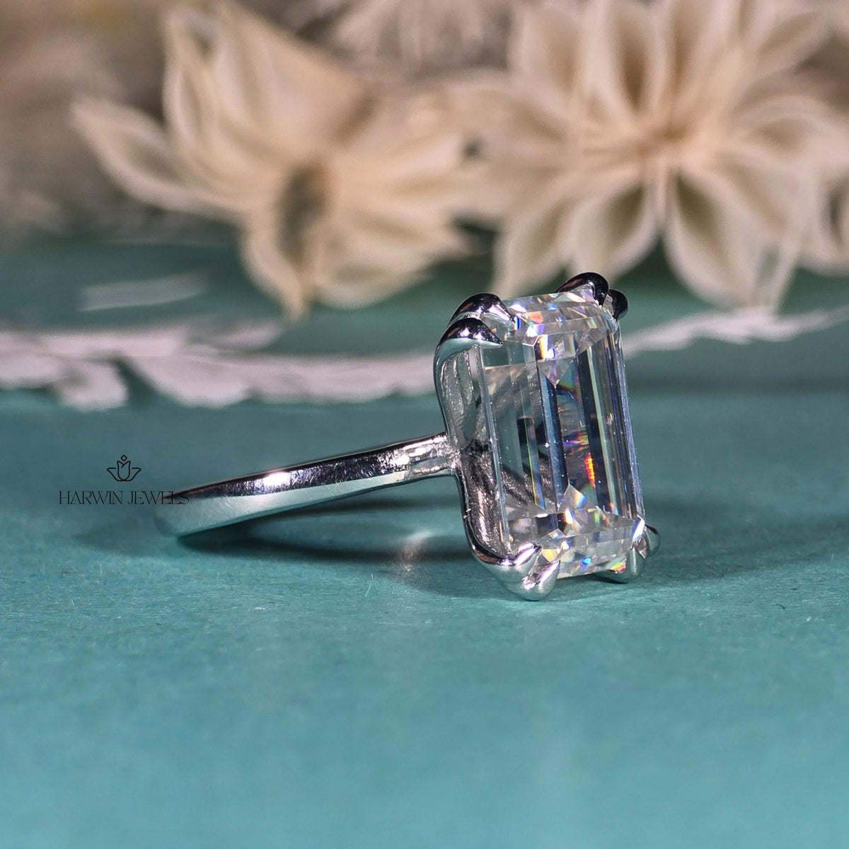 4 CT Emerald Cut Engagement Ring, , Double Claw Four Prong Set Wedding Ring