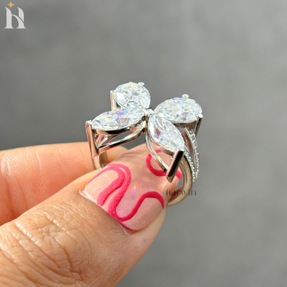 Butterfly Moissanite Diamond Ring, 14K White Gold, Marquise & Pear Cut, Unique Women’s Engagement