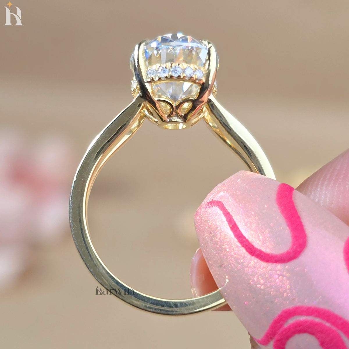 3.50 Oval Cut Moissanite Ring, Hidden Halo And Split Shank 14k Solid Gold Ring