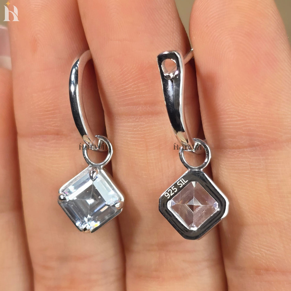 Asscher Cut Moissanite Diamond Earrings, Lever Back Hoop Dangle Drop Solitaire Earrings