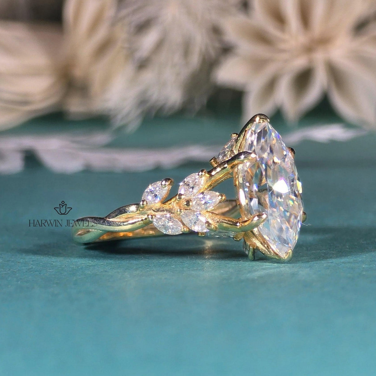 3 CT Marquise Cut Moissanite Engagement Ring Side Stone Solid Gold Ring