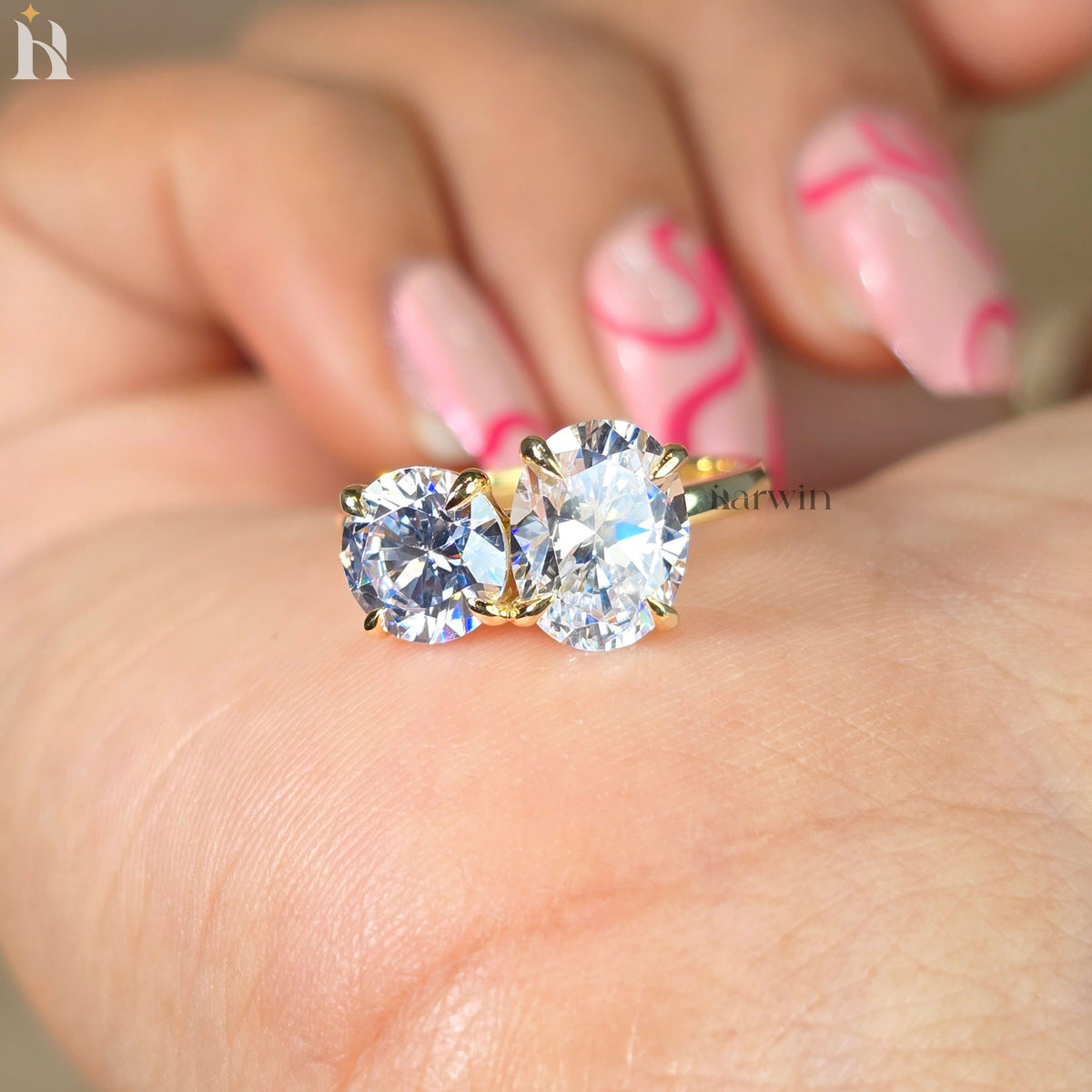 Oval & Round  Moissanite Toi Et Moi Two Stone prong set Engagement Unique Bridal Gift