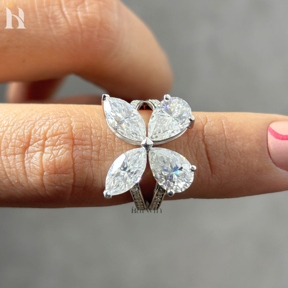 Butterfly Moissanite Diamond Ring, 14K White Gold, Marquise & Pear Cut, Unique Women’s Engagement