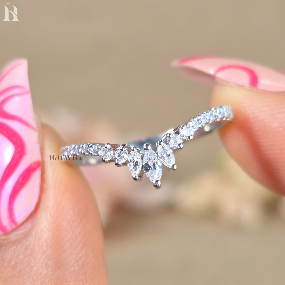 Marquise & Round Unique Moissanite Diamond Curved Wedding Band, White Gold Chevron Stackable Promise Ring