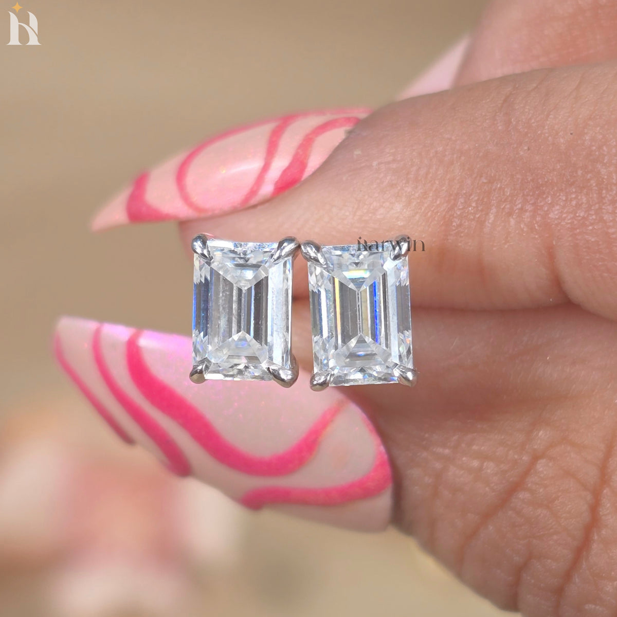 Emerald Cut Moissanite Diamond Prong Setting Stud Earrings, Push Back Solitaire Earrings