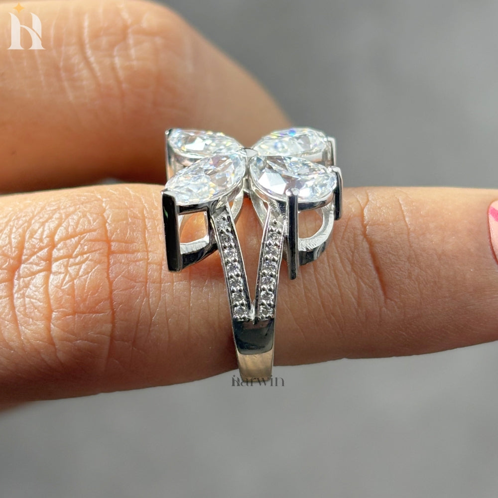 Butterfly Moissanite Diamond Ring, 14K White Gold, Marquise & Pear Cut, Unique Women’s Engagement