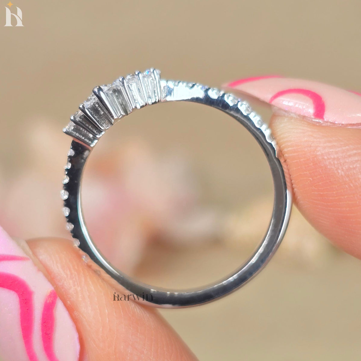 Marquise & Round Unique Moissanite Diamond Curved Wedding Band, White Gold Chevron Stackable Promise Ring