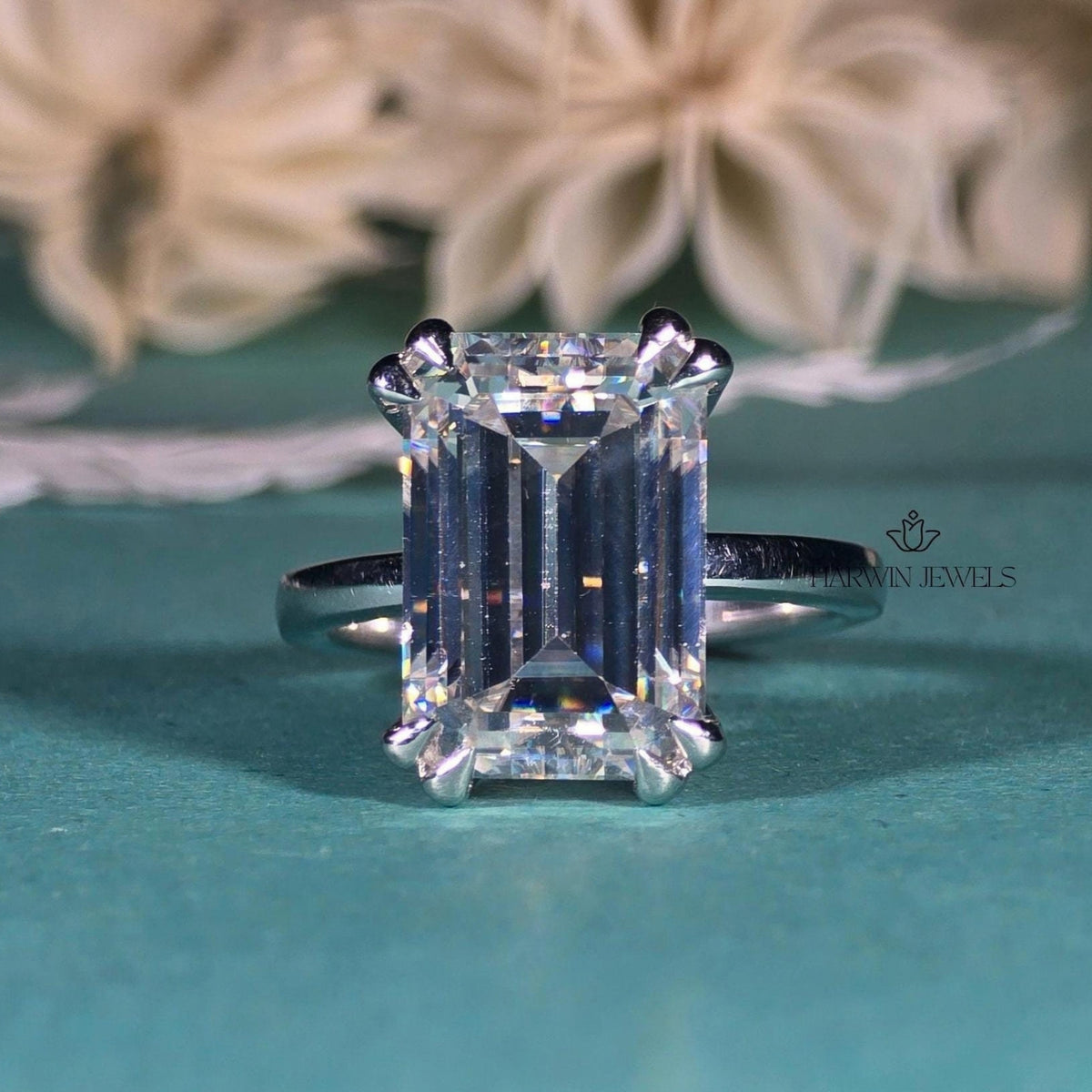 4 CT Emerald Cut Engagement Ring, , Double Claw Four Prong Set Wedding Ring