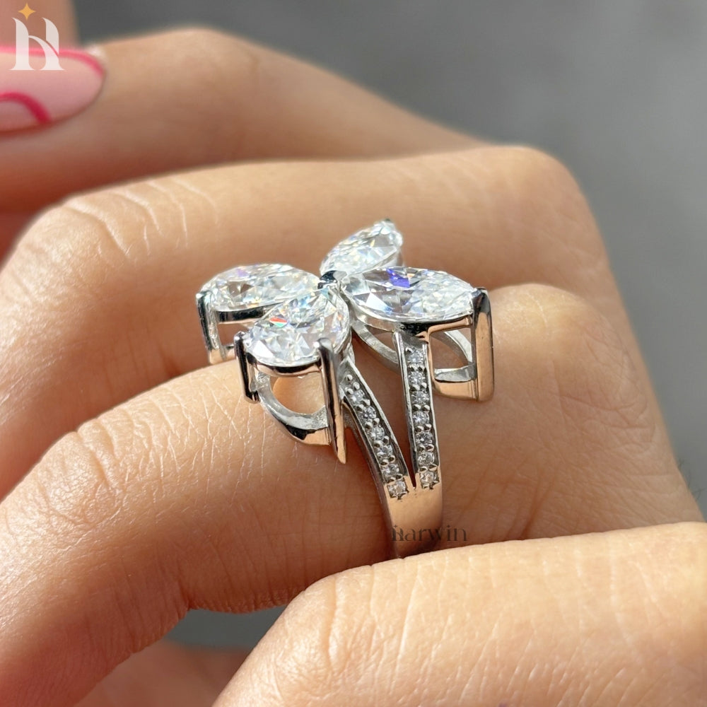 Butterfly Moissanite Diamond Ring, 14K White Gold, Marquise & Pear Cut, Unique Women’s Engagement
