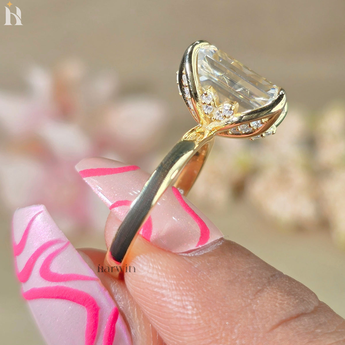 5 CT Emerald Cut Moissanite Hidden Diamond Ring, Vintage Tulip Set Engagement Ring