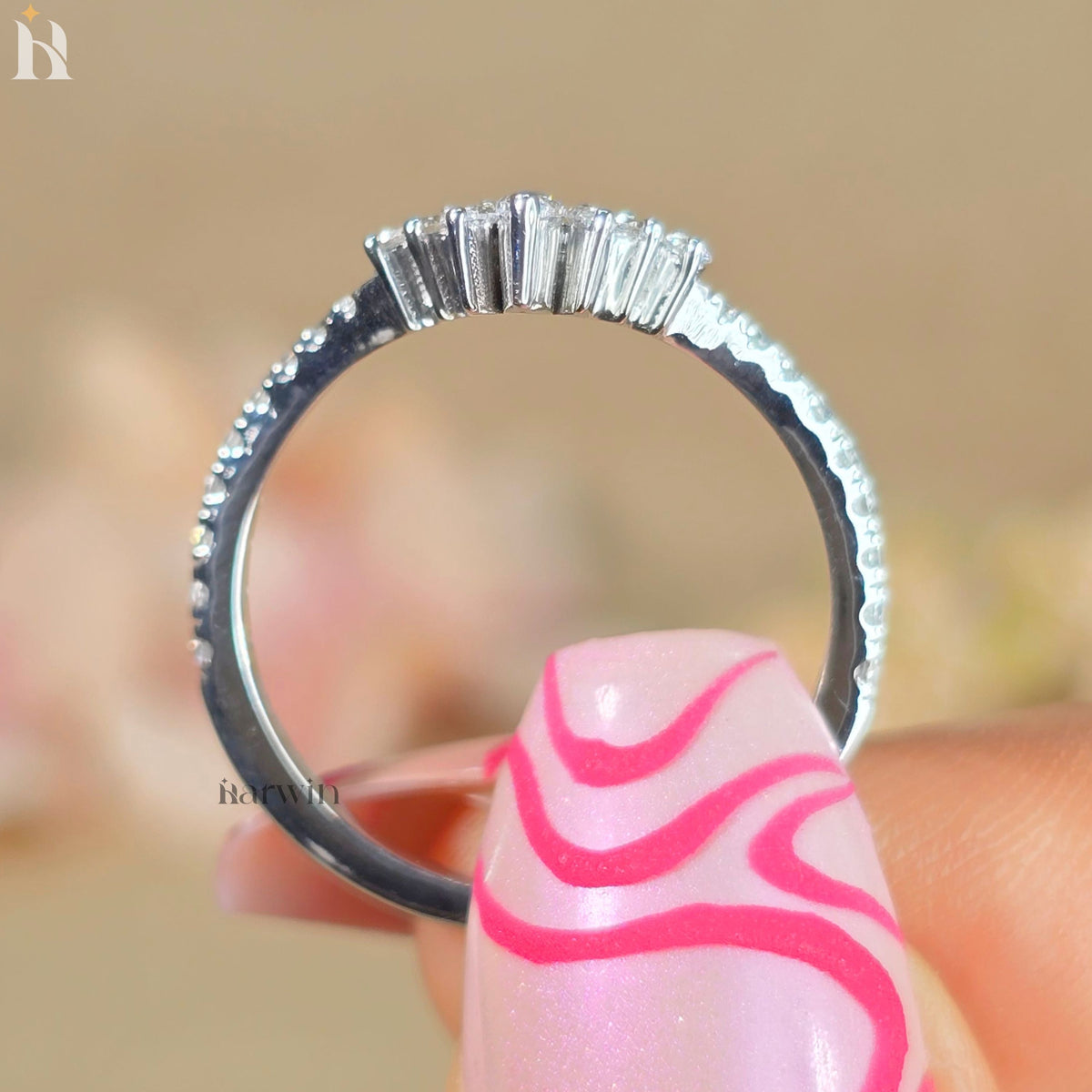 Marquise & Round Unique Moissanite Diamond Curved Wedding Band, White Gold Chevron Stackable Promise Ring