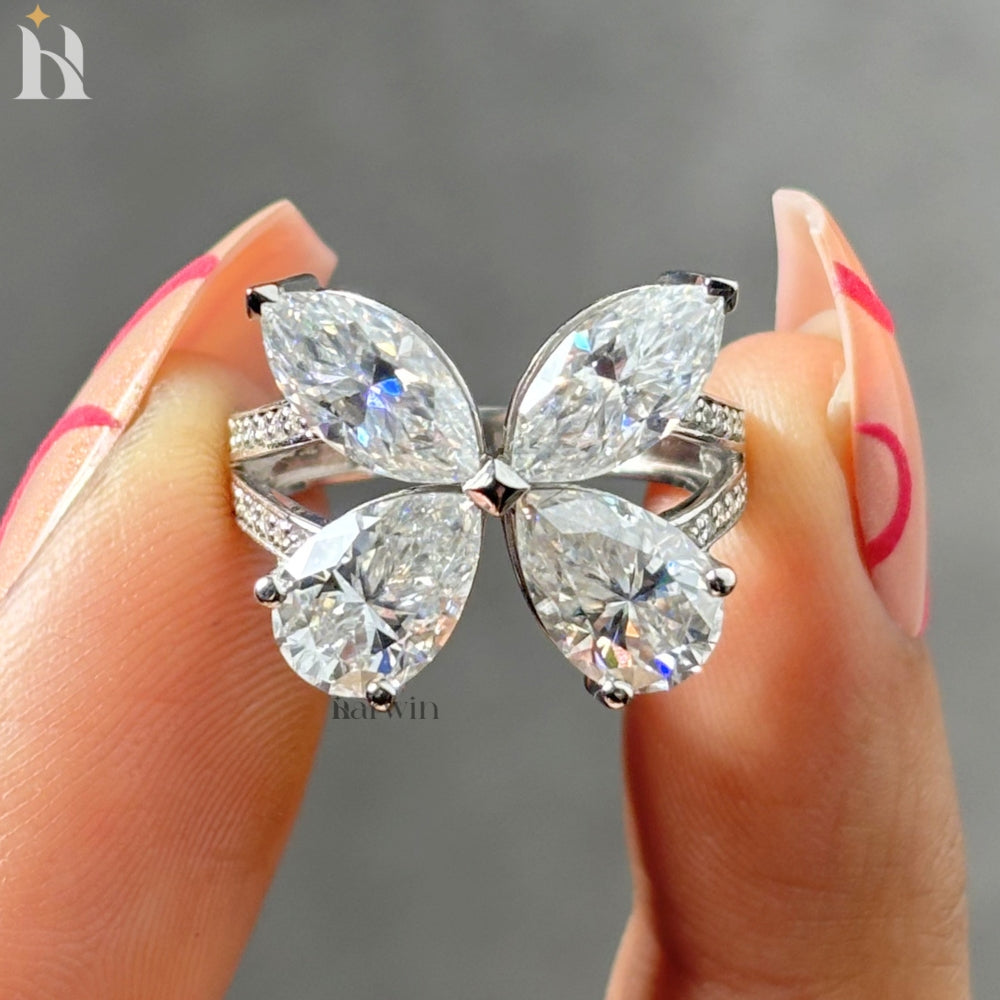 Butterfly Moissanite Diamond Ring, 14K White Gold, Marquise & Pear Cut, Unique Women’s Engagement