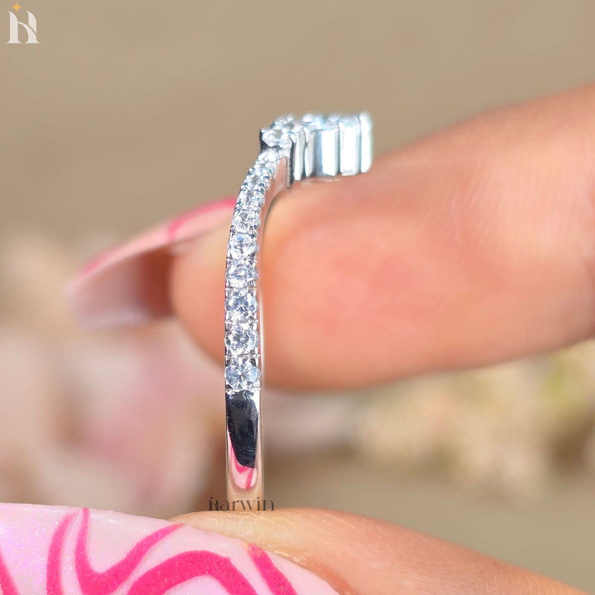 Marquise & Round Unique Moissanite Diamond Curved Wedding Band, White Gold Chevron Stackable Promise Ring