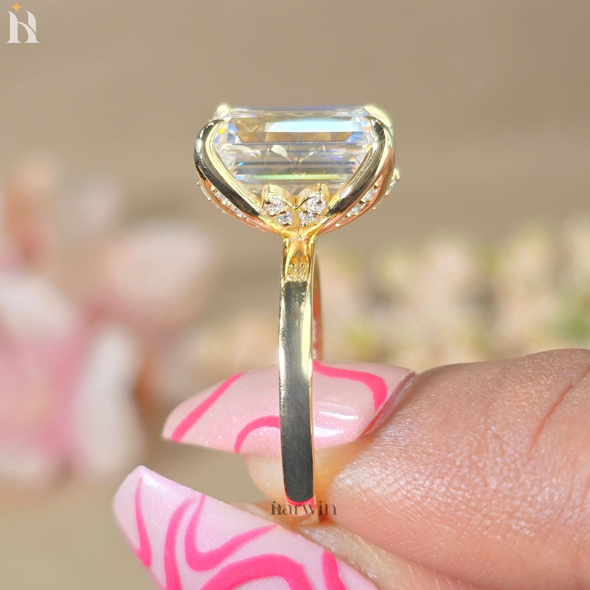 5 CT Emerald Cut Moissanite Hidden Diamond Ring, Vintage Tulip Set Engagement Ring