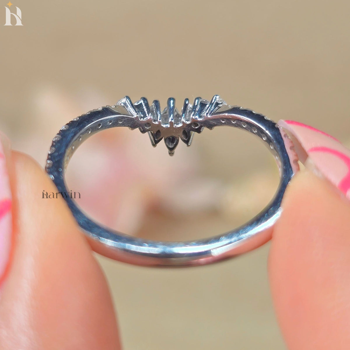 Marquise & Round Unique Moissanite Diamond Curved Wedding Band, White Gold Chevron Stackable Promise Ring
