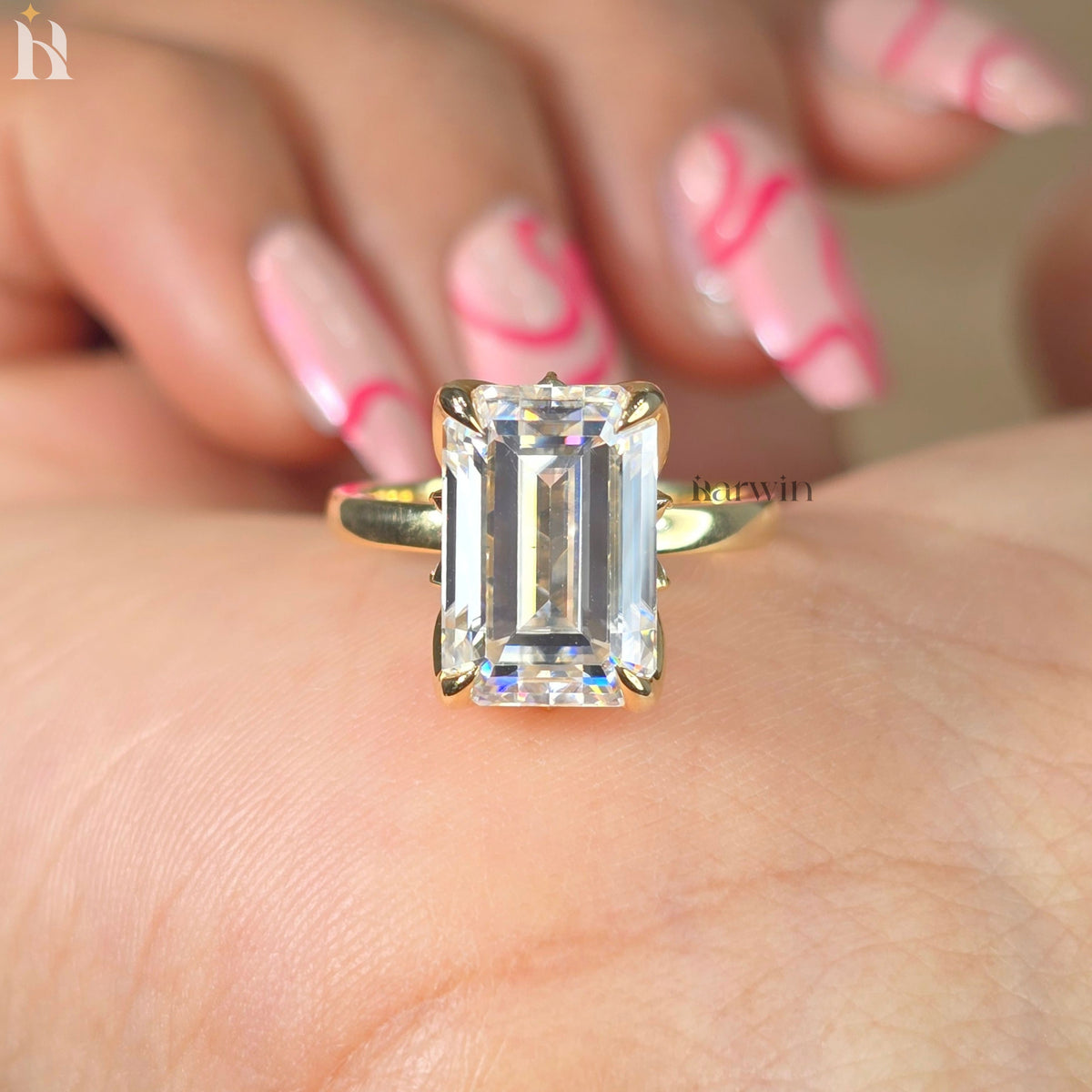 5 CT Emerald Cut Moissanite Hidden Diamond Ring, Vintage Tulip Set Engagement Ring