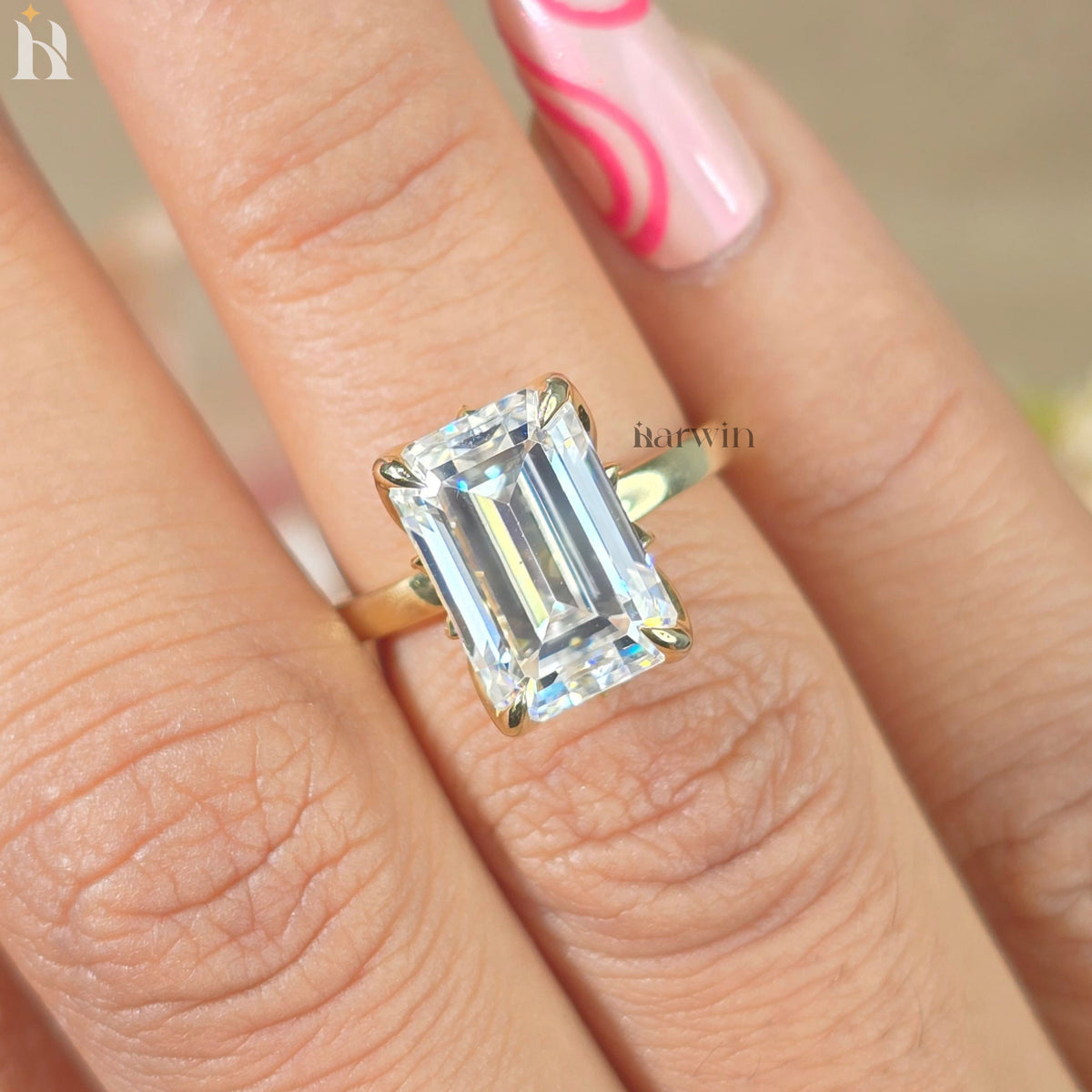 5 CT Emerald Cut Moissanite Hidden Diamond Ring, Vintage Tulip Set Engagement Ring