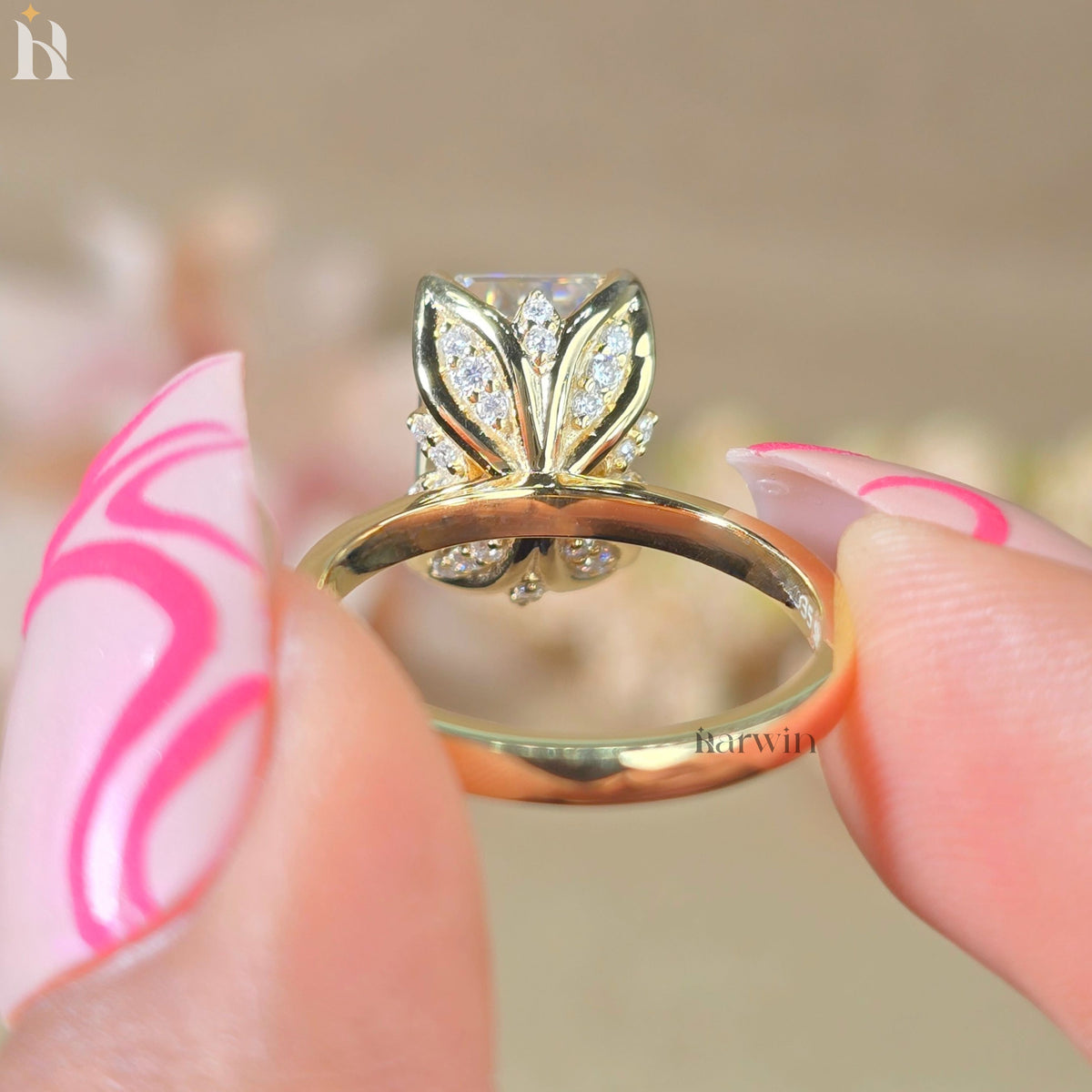 5 CT Emerald Cut Moissanite Hidden Diamond Ring, Vintage Tulip Set Engagement Ring