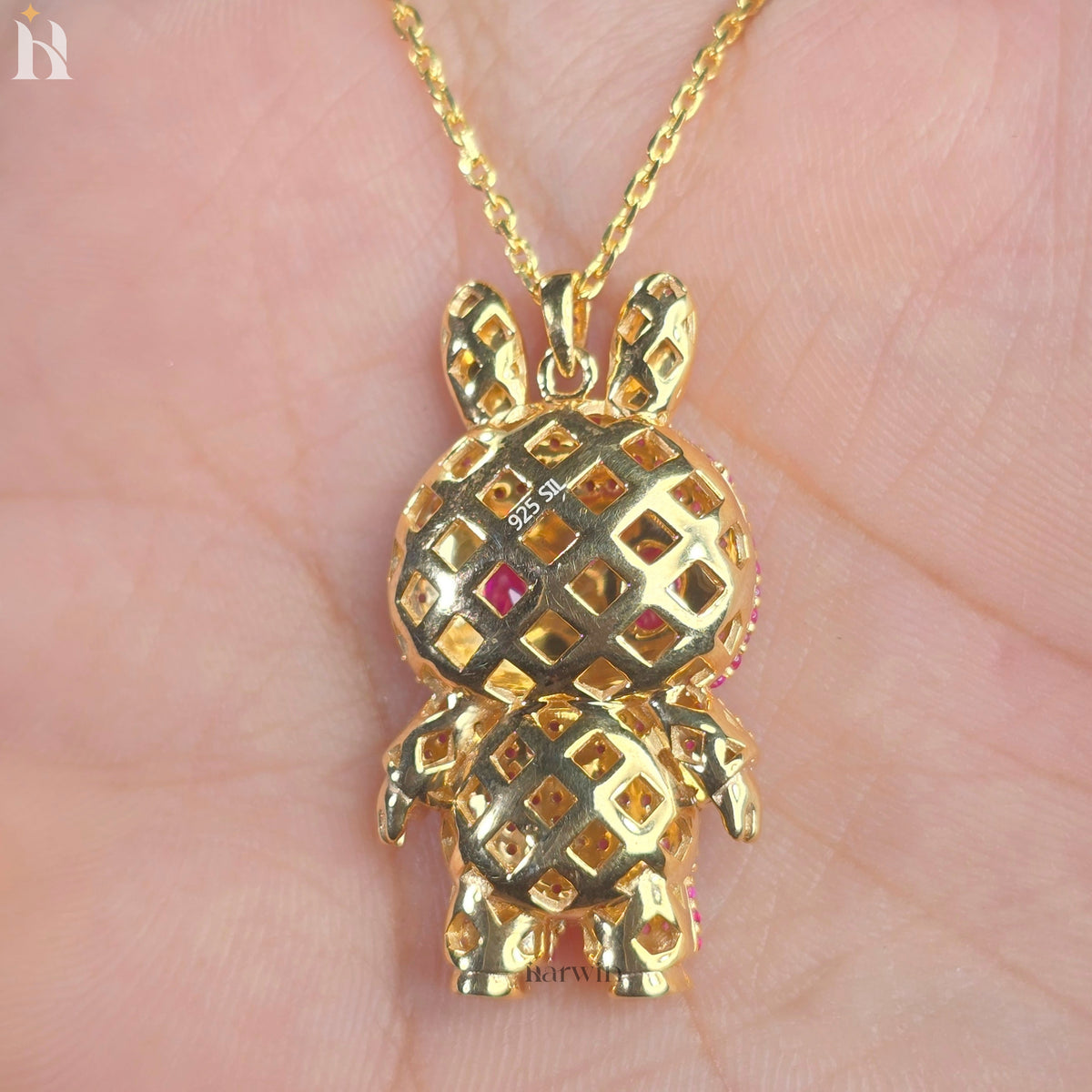 Pink CZ Diamond Teddy Bear Pendant | 925 Sterling Silver Bling Necklace