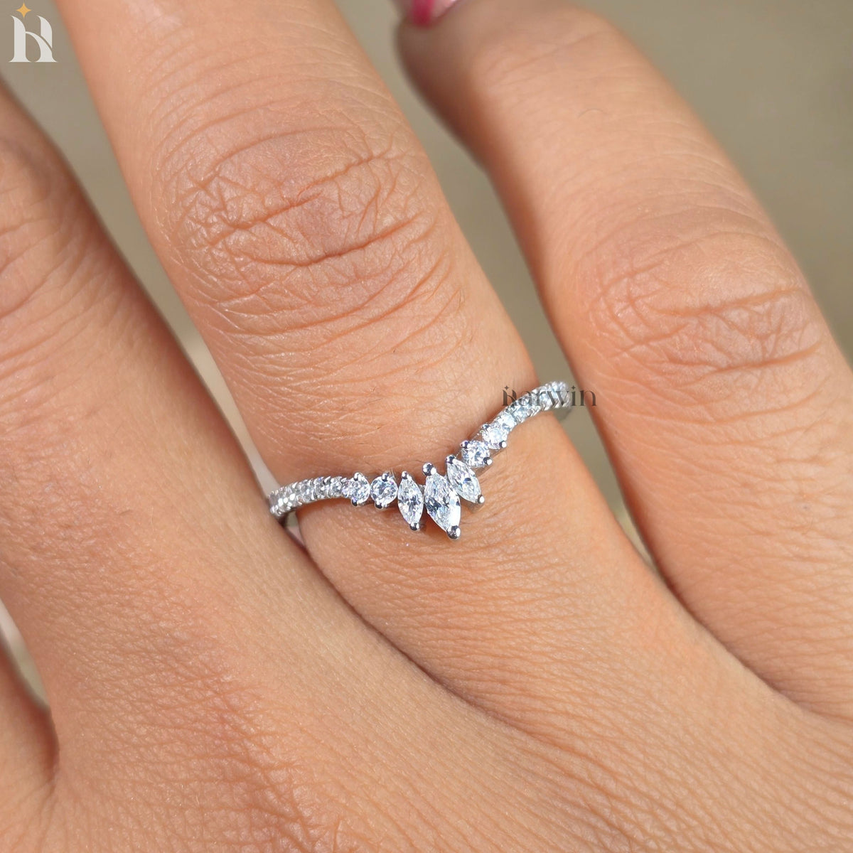 Marquise & Round Unique Moissanite Diamond Curved Wedding Band, White Gold Chevron Stackable Promise Ring