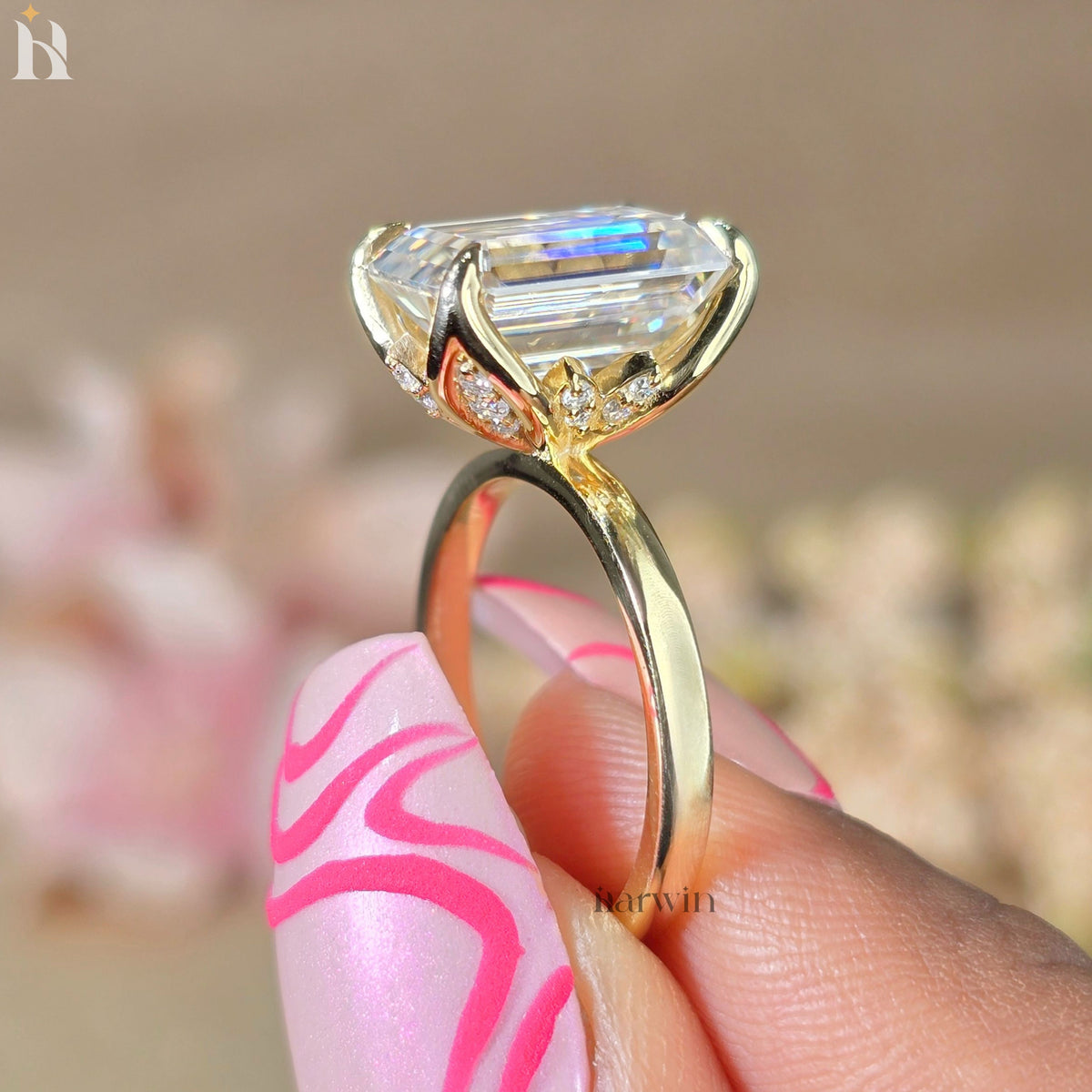 5 CT Emerald Cut Moissanite Hidden Diamond Ring, Vintage Tulip Set Engagement Ring