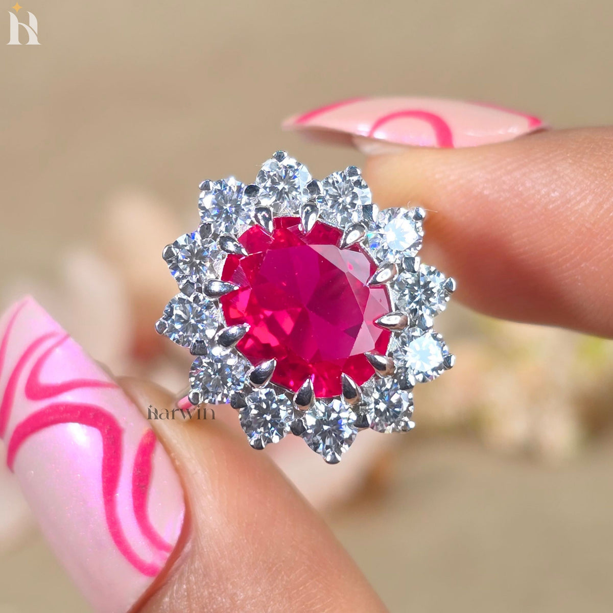 5CT Oval Cut Ruby Engagement Ring, Moissanite Halo Ring, 14K Yellow Gold, Anniversary Gift Ring for Her