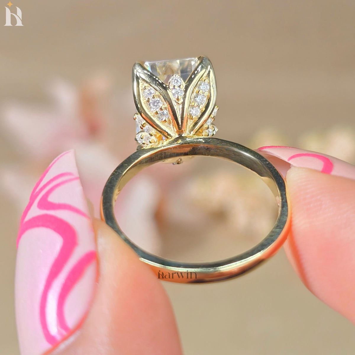 5 CT Emerald Cut Moissanite Hidden Diamond Ring, Vintage Tulip Set Engagement Ring